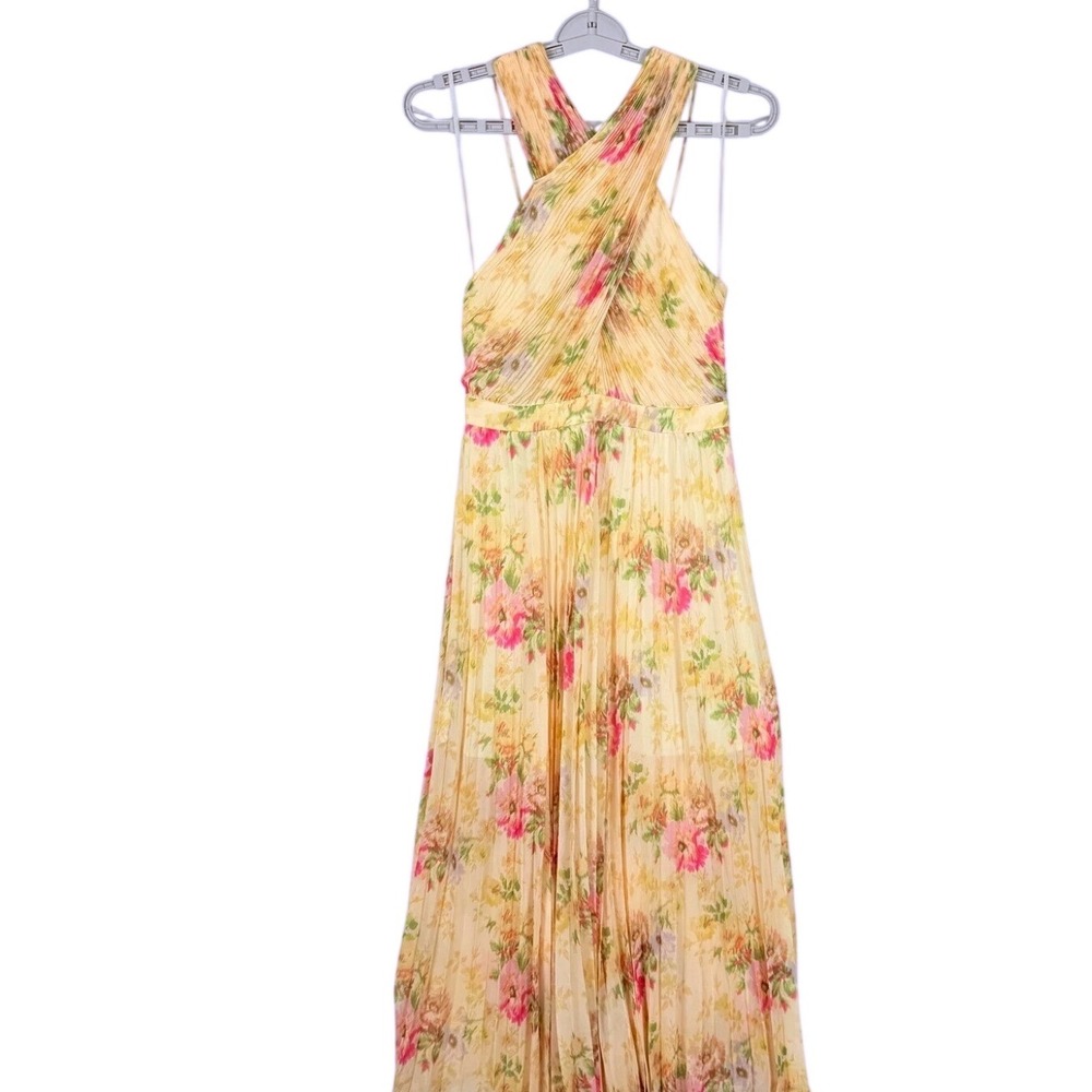Ted Baker Amerah Cross Front Pleated Floral Midi Dress Tan Pink Size 2 US 6 - Picture 3 of 8
